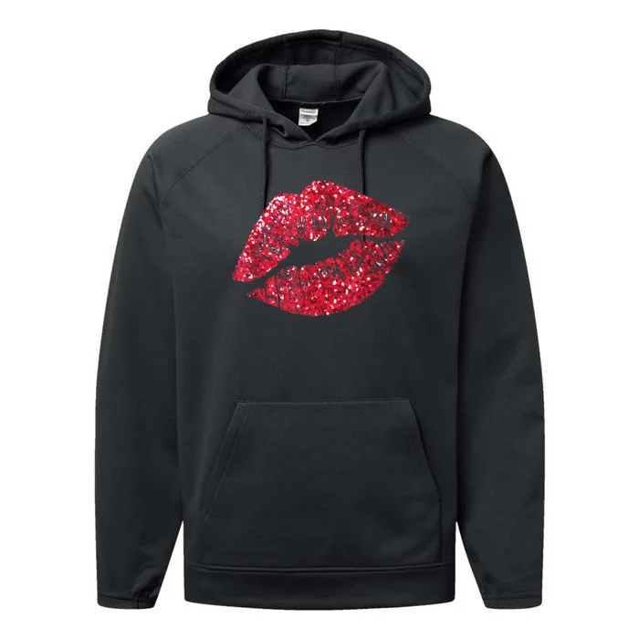 Sexy Red Glitter Lips Kiss Me Love Makeup Lipstick Shirt Tee Performance Fleece Hoodie