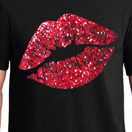 Sexy Red Glitter Lips Kiss Me Love Makeup Lipstick Shirt Tee Pajama Set