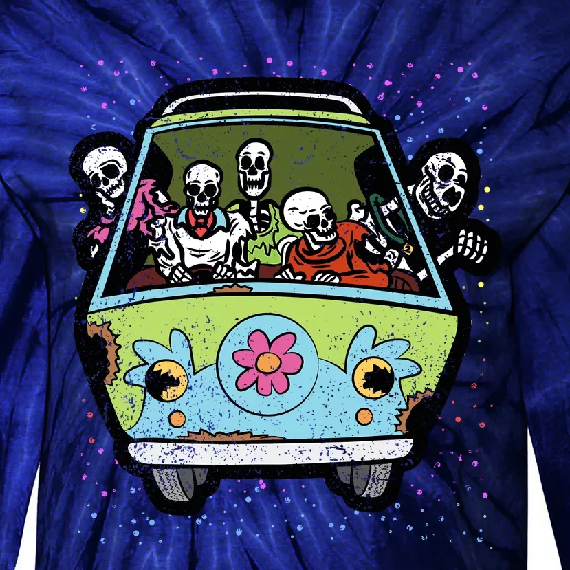 Skeleton Riding Hippie Van Halloween Costume Retro Bones Tie-Dye Long Sleeve Shirt