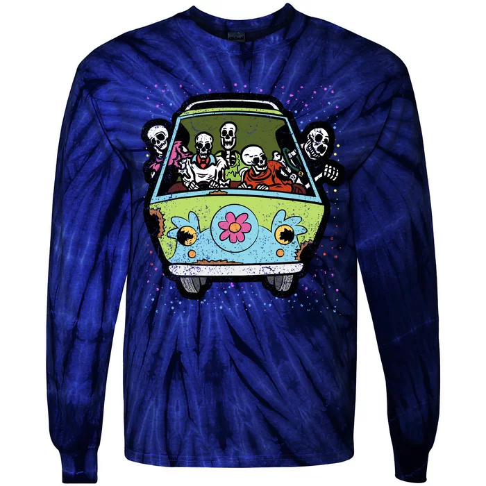 Skeleton Riding Hippie Van Halloween Costume Retro Bones Tie-Dye Long Sleeve Shirt