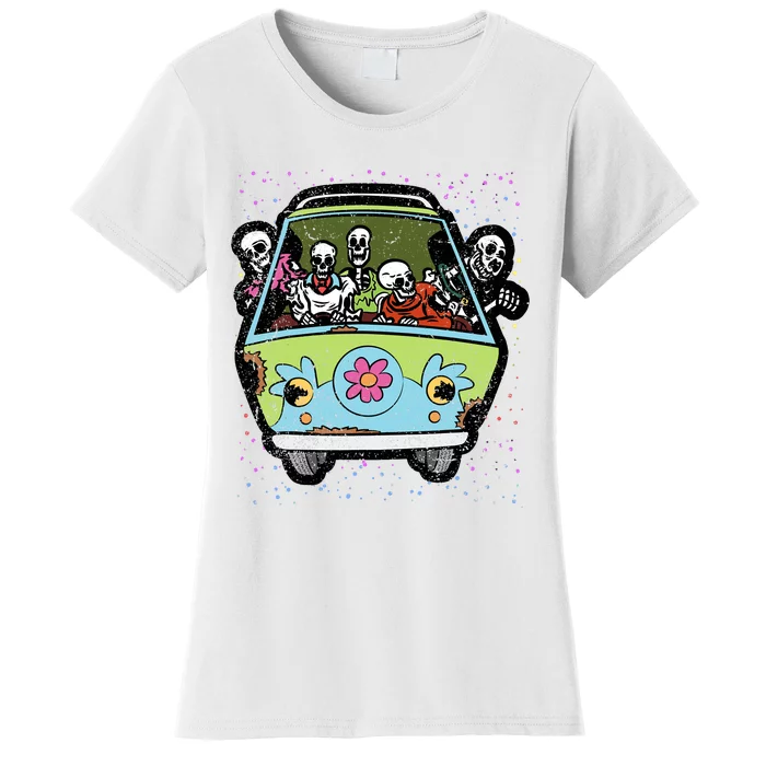 Skeleton Riding Hippie Van Halloween Costume Retro Bones Women's T-Shirt