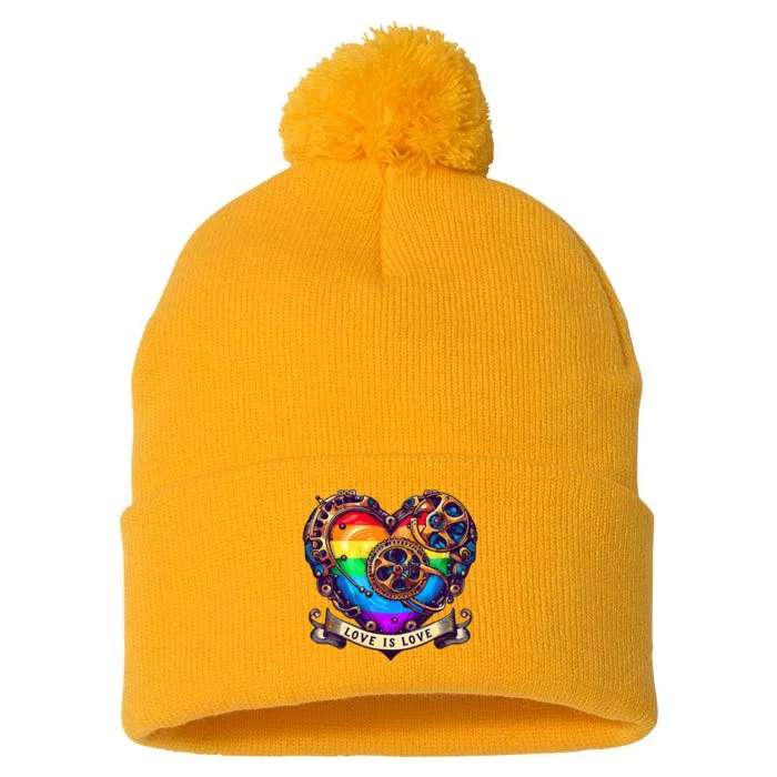 Steampunk Rainbow Heart Love Is Love Pom Pom 12in Knit Beanie