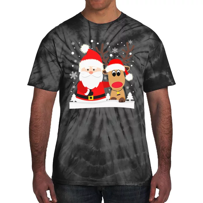 Santa Reindeer Hug Snowflakes Christmas Tie-Dye T-Shirt