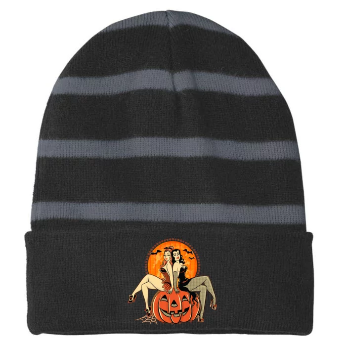 Sexy Retro Halloween Pinup Girls Striped Beanie with Solid Band