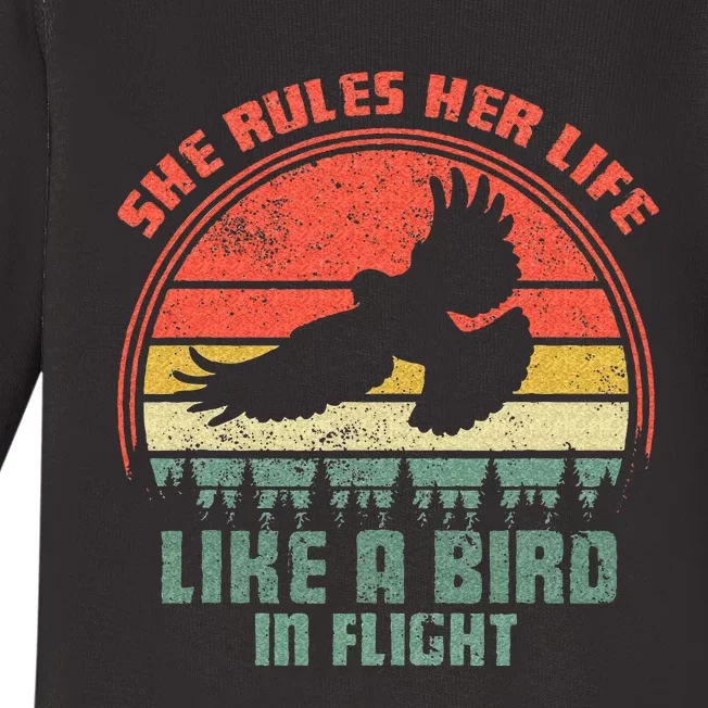 She Rules Her Life Like A Bird In Flight Retro Bird Baby Long Sleeve Bodysuit