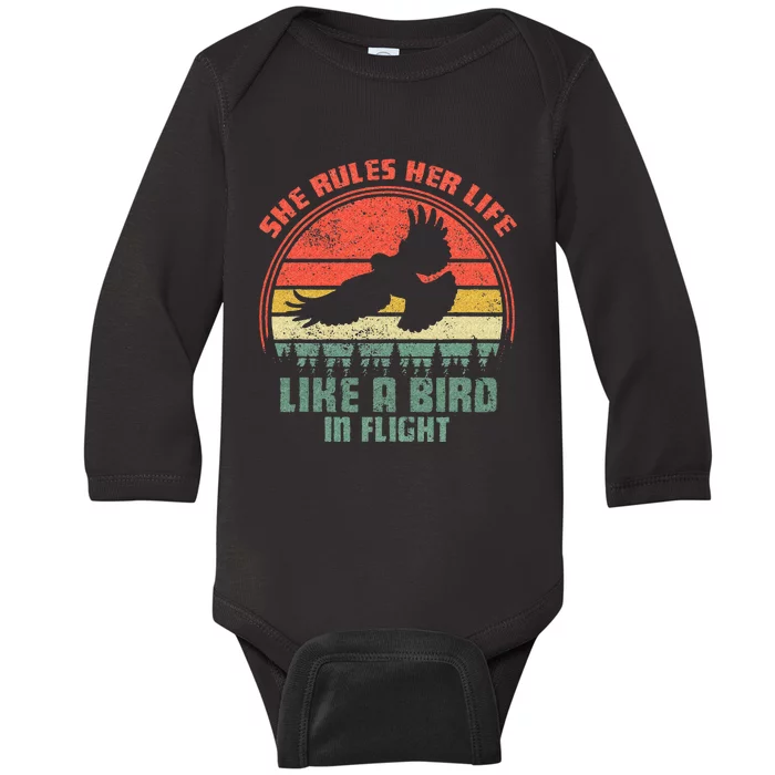 She Rules Her Life Like A Bird In Flight Retro Bird Baby Long Sleeve Bodysuit