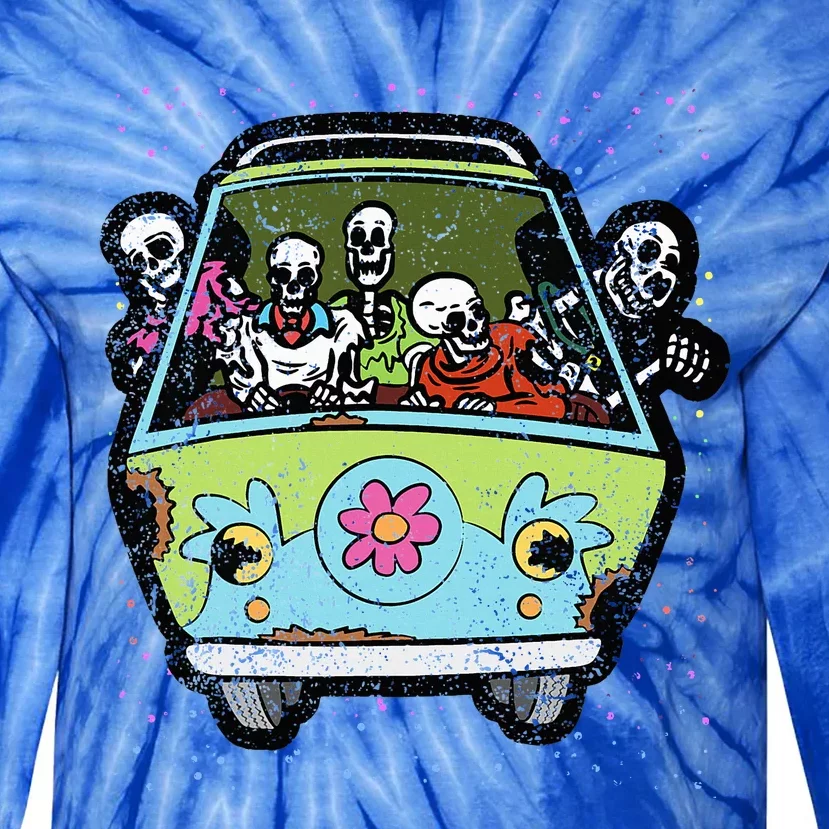 Skeleton Riding Hippie Van Halloween Costume Retro Bones Tie-Dye Long Sleeve Shirt