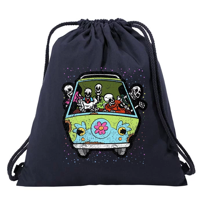 Skeleton Riding Hippie Van Halloween Costume Retro Bones Drawstring Bag