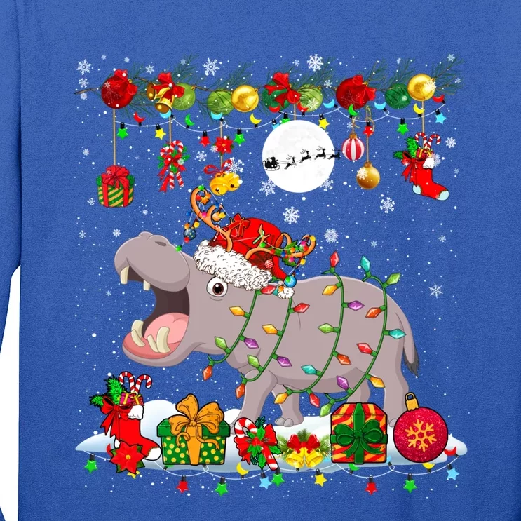 Santa Reindeer Hippo With Xmas Presents Ornats Family Meaningful Gift Long Sleeve Shirt