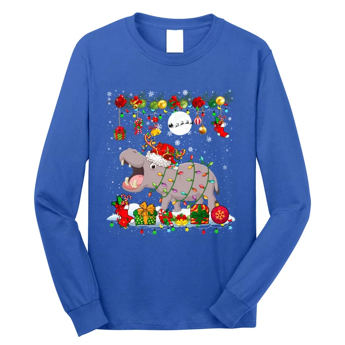 Santa Reindeer Hippo With Xmas Presents Ornats Family Meaningful Gift Long Sleeve Shirt