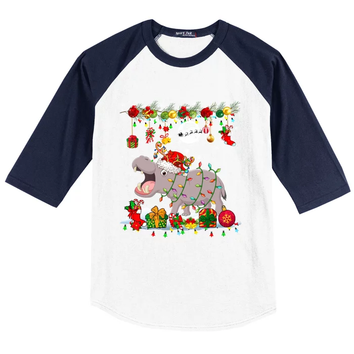 Santa Reindeer Hippo With Xmas Presents Ornats Family Meaningful Gift Baseball Sleeve Shirt