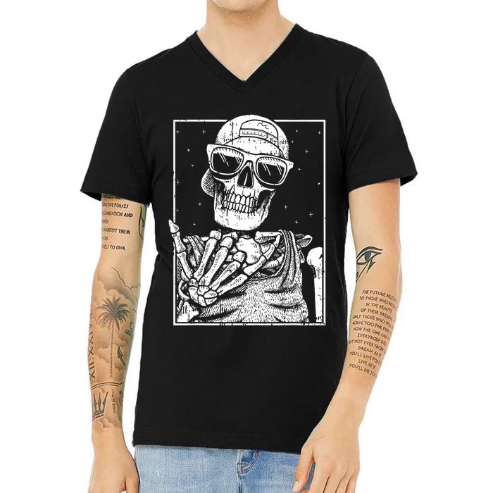 Skeleton Rock Hand Halloween Costume Cool Rock Music Rocker V-Neck T-Shirt