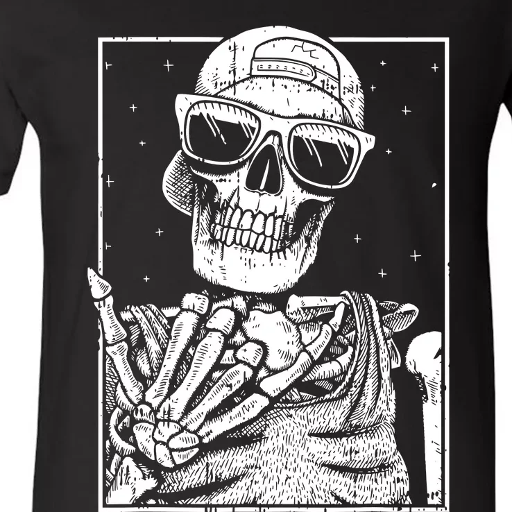 Skeleton Rock Hand Halloween Costume Cool Rock Music Rocker V-Neck T-Shirt