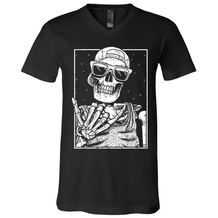 Skeleton Rock Hand Halloween Costume Cool Rock Music Rocker V-Neck T-Shirt