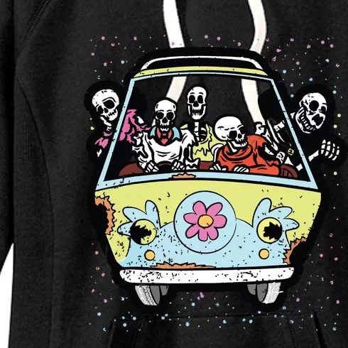 Skeleton Riding Hippie Van Halloween Costume Retro Bones Women's Fleece Hoodie