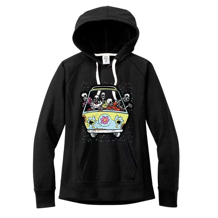 Skeleton Riding Hippie Van Halloween Costume Retro Bones Women's Fleece Hoodie