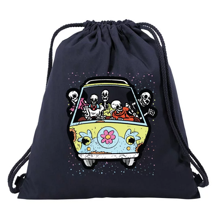 Skeleton Riding Hippie Van Halloween Costume Retro Bones Drawstring Bag