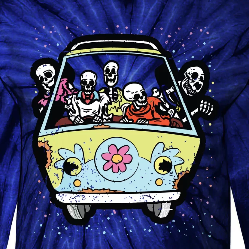 Skeleton Riding Hippie Van Halloween Costume Retro Bones Tie-Dye Long Sleeve Shirt