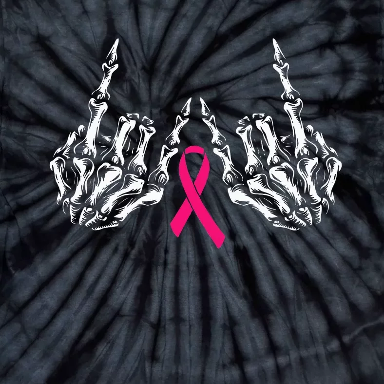 Skeleton Rock Hand Breast Cancer Awareness Cool Pink Ribbon Tie-Dye T-Shirt