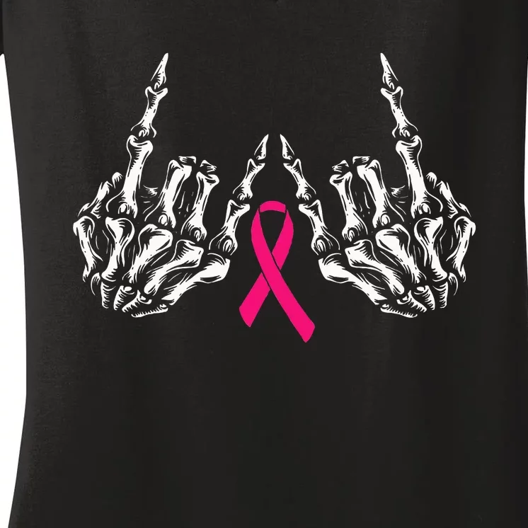 Skeleton Rock Hand Breast Cancer Awareness Cool Pink Ribbon Women's V-Neck T-Shirt