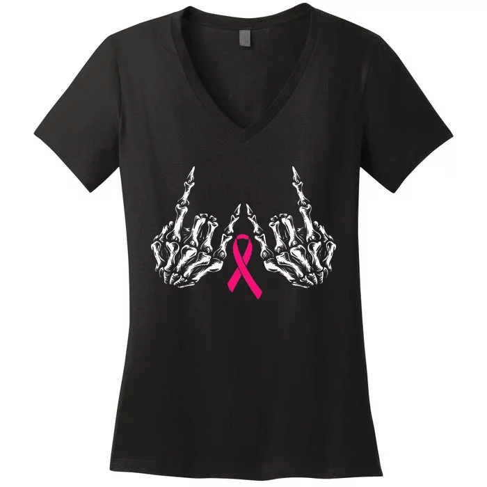 Skeleton Rock Hand Breast Cancer Awareness Cool Pink Ribbon Women's V-Neck T-Shirt