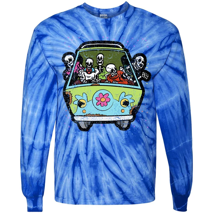 Skeleton Riding Hippie Van Halloween Costume Retro Bones Tie-Dye Long Sleeve Shirt