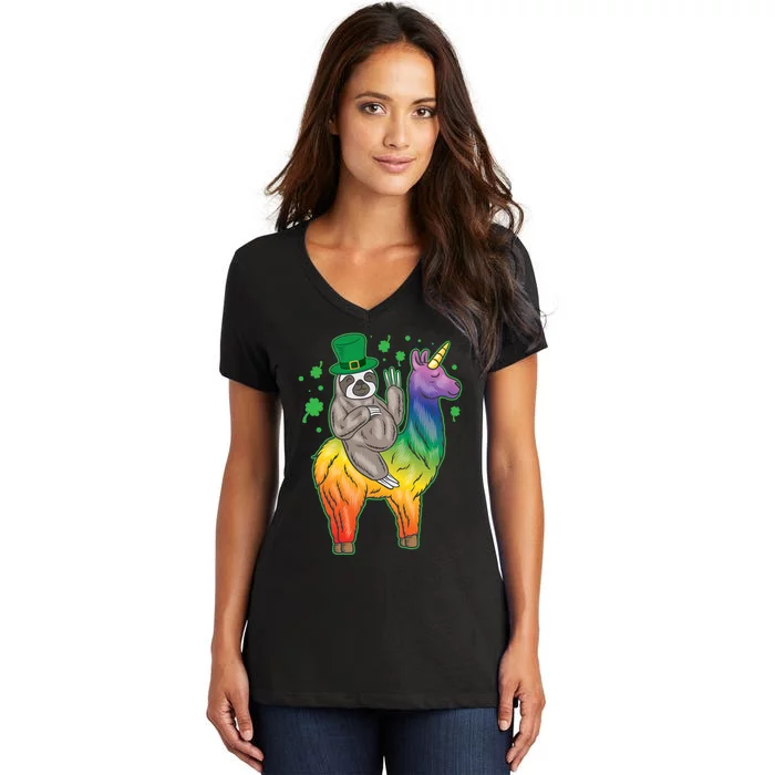 Sloth Rainbow Leprechaun Women's V-Neck T-Shirt