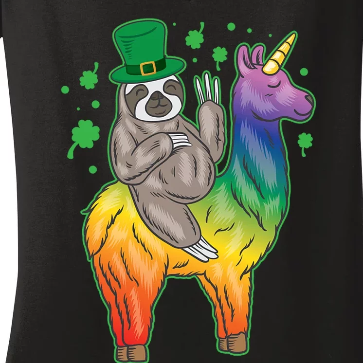 Sloth Rainbow Leprechaun Women's V-Neck T-Shirt