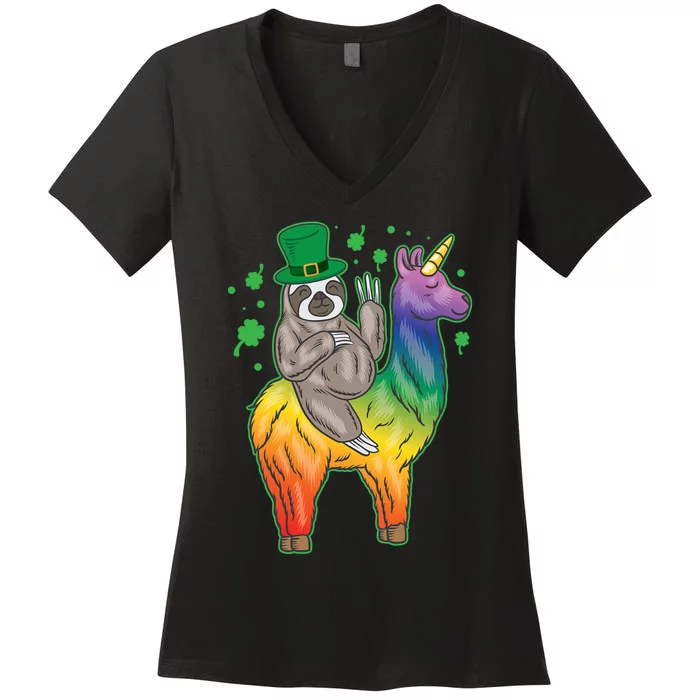 Sloth Rainbow Leprechaun Women's V-Neck T-Shirt