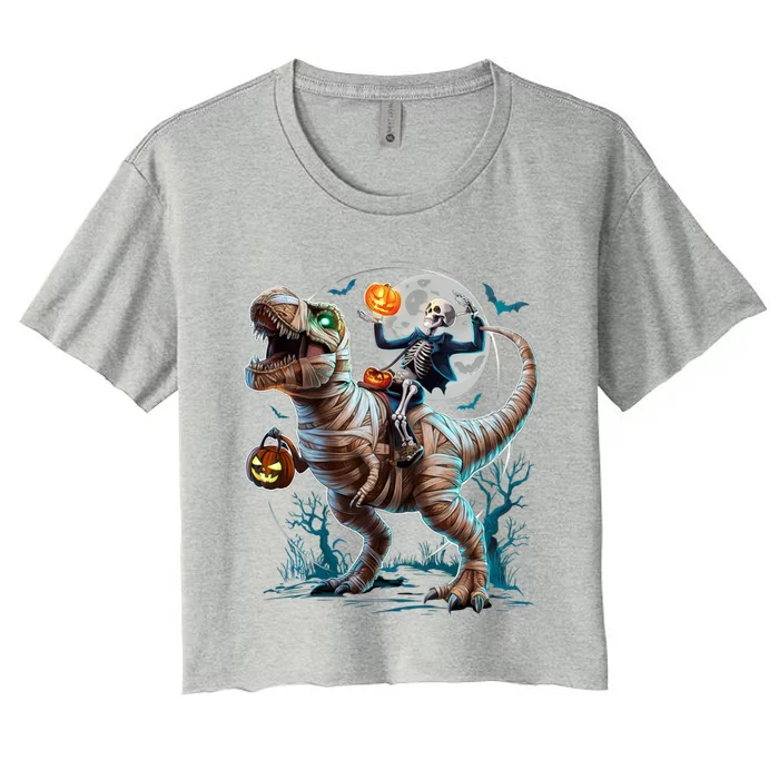 Skeleton Riding Mummy Pumpkin T Rex Dinosaur Funny Halloween Great Gift Women's Crop Top Tee