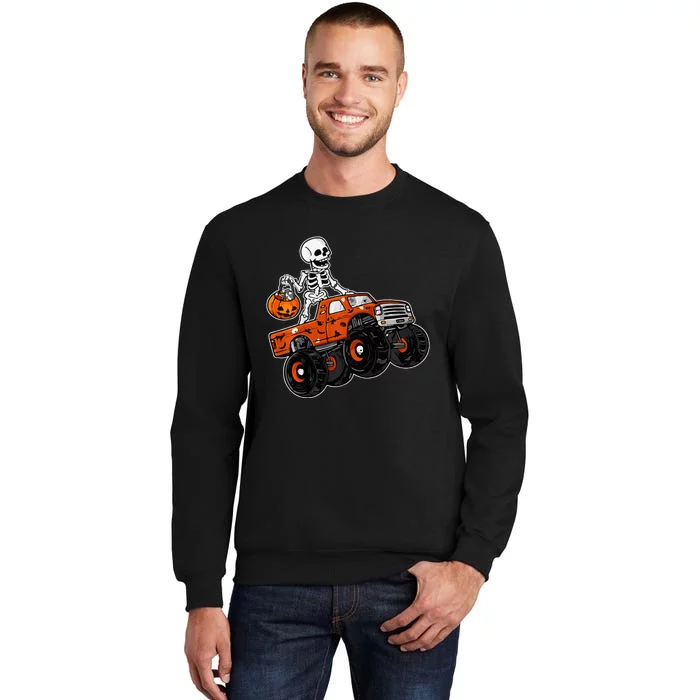 Skeleton Riding Monster Truck Lazy Halloween Costume Pumpkin Tall Sweatshirt