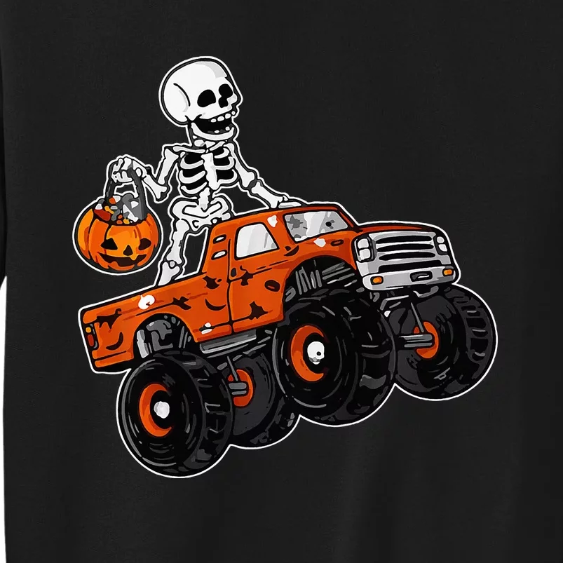 Skeleton Riding Monster Truck Lazy Halloween Costume Pumpkin Tall Sweatshirt