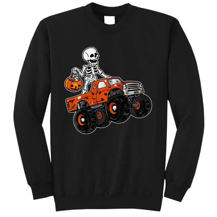 Skeleton Riding Monster Truck Lazy Halloween Costume Pumpkin Tall Sweatshirt