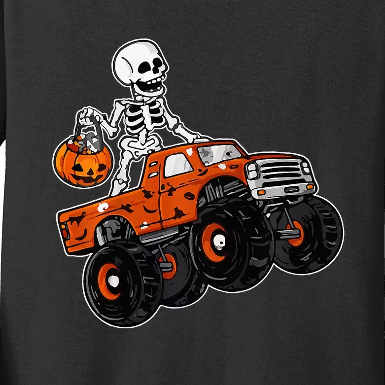 Skeleton Riding Monster Truck Lazy Halloween Costume Pumpkin Kids Long Sleeve Shirt