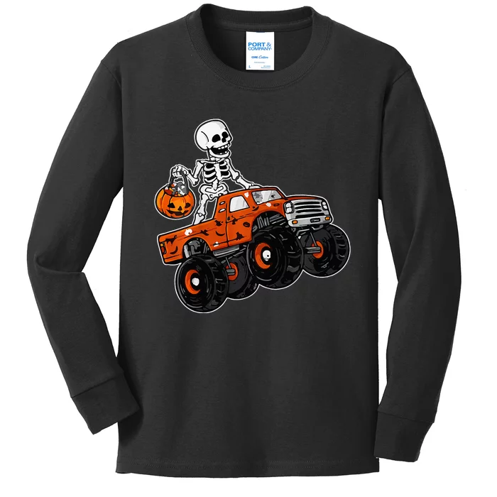 Skeleton Riding Monster Truck Lazy Halloween Costume Pumpkin Kids Long Sleeve Shirt