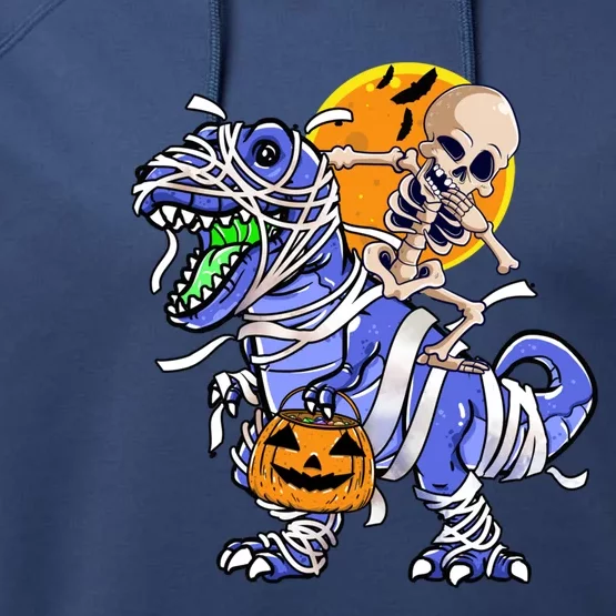 Skeleton Riding Mummy Dinosaur T Rex Halloween Funny Pumpkin Gift Performance Fleece Hoodie