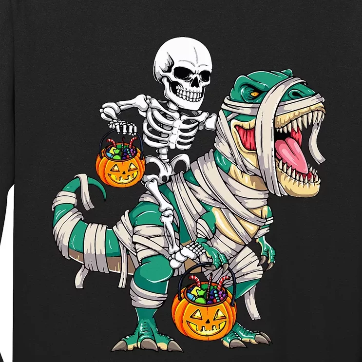 Skeleton Riding Mummy Dinosaur T Rex Funny Halloween Long Sleeve Shirt