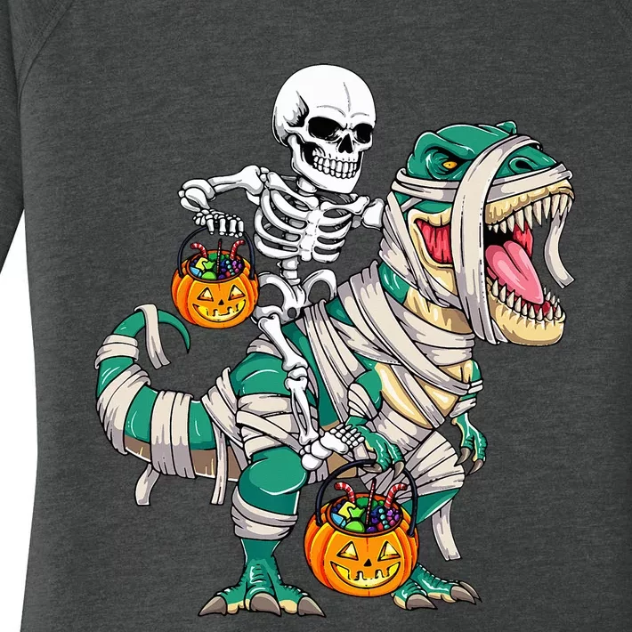 Skeleton Riding Mummy Dinosaur T Rex Funny Halloween Women's Perfect Tri Tunic Long Sleeve Shirt