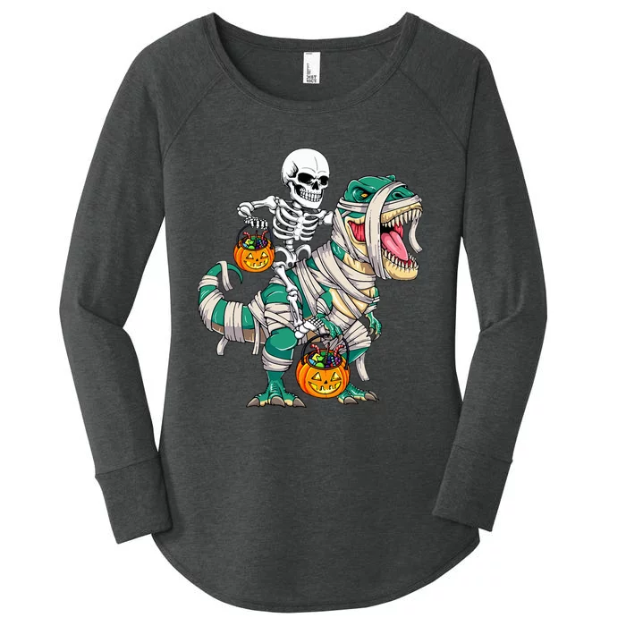 Skeleton Riding Mummy Dinosaur T Rex Funny Halloween Women's Perfect Tri Tunic Long Sleeve Shirt