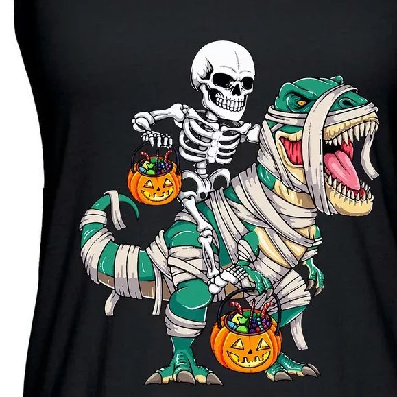 Skeleton Riding Mummy Dinosaur T Rex Funny Halloween Ladies Essential Flowy Tank