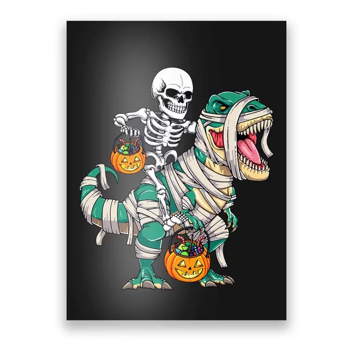 Skeleton Riding Mummy Dinosaur T Rex Funny Halloween Poster