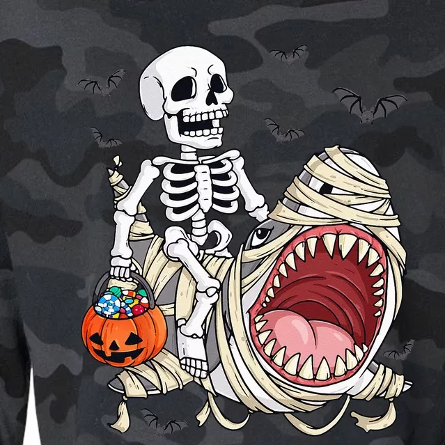 Skeleton Riding Mummy Shark Funny Halloween Pumpkin Cropped Pullover Crew