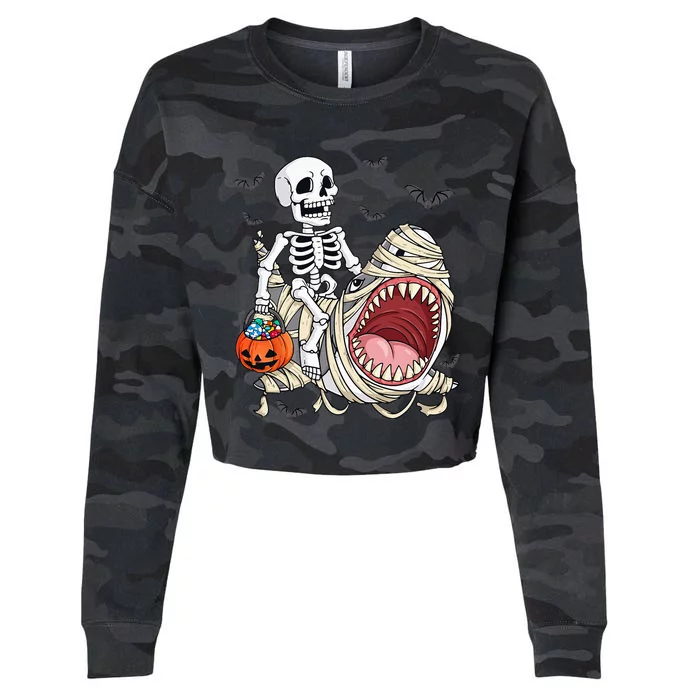 Skeleton Riding Mummy Shark Funny Halloween Pumpkin Cropped Pullover Crew