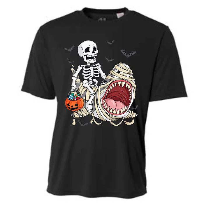 Skeleton Riding Mummy Shark Funny Halloween Pumpkin Cooling Performance Crew T-Shirt