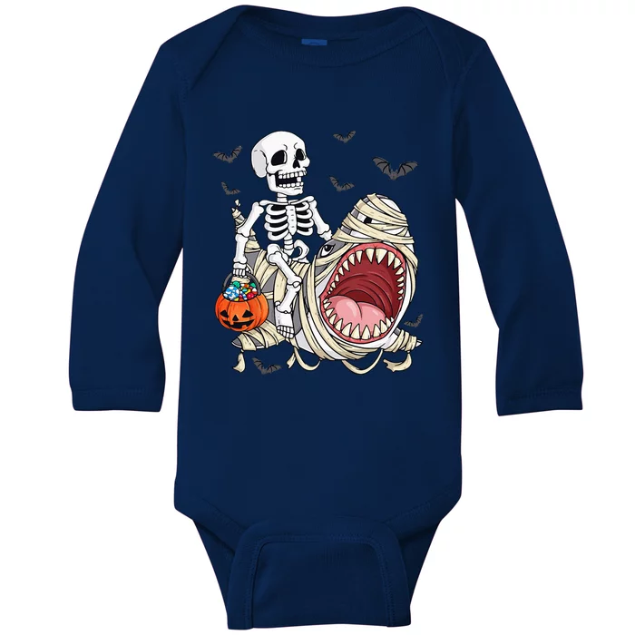 Skeleton Riding Mummy Shark Funny Halloween Pumpkin Baby Long Sleeve Bodysuit