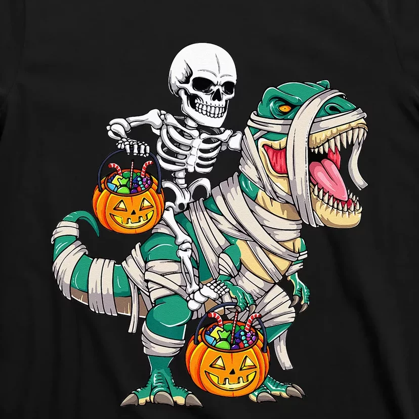 Skeleton Riding Mummy Dinosaur T Rex Kids Funny Halloween T-Shirt