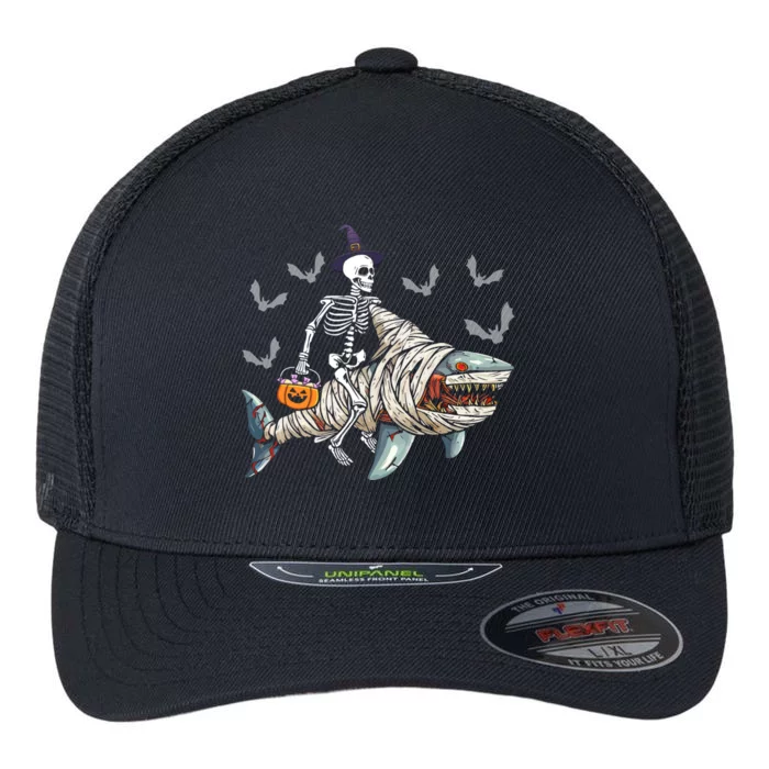 Skeleton Riding Mummy Shark Funny Halloween Pumpkin Witch Gift Flexfit Unipanel Trucker Cap