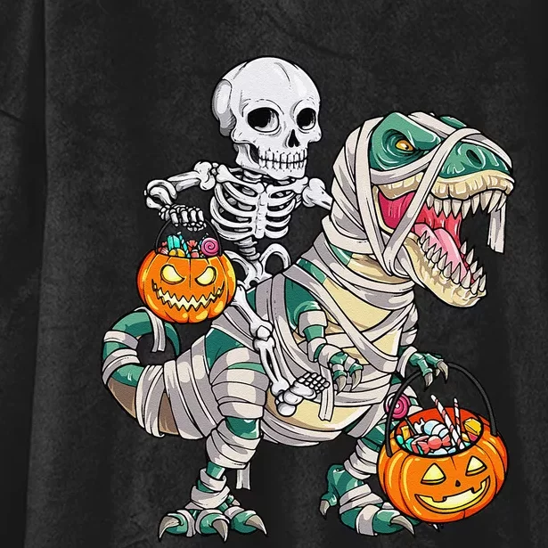 Skeleton Riding Mummy Dinosaur T Rex Halloween Funny Pumpkin Hooded Wearable Blanket