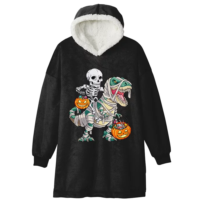 Skeleton Riding Mummy Dinosaur T Rex Halloween Funny Pumpkin Hooded Wearable Blanket