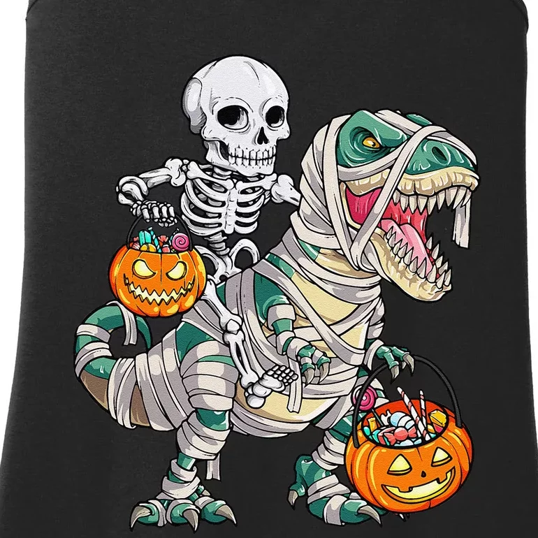 Skeleton Riding Mummy Dinosaur T Rex Halloween Funny Pumpkin Ladies Essential Tank